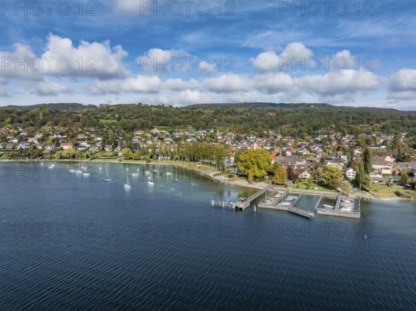 Aerial view of the village of Wangen on the Höri peninsula with boat moorings and jetty on the lakeshore, Lake Rhine, Lake Constance, Constance district, Baden-Württemberg, Germany