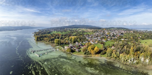 Aerial view, panorama of the Höri peninsula with the village of Horn and the boat harbour with jetty, Lake Constance, Gaienhofen, district of Constance, Baden-Württemberg, Germany