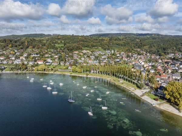 Aerial view of the village of Wangen on the Höri peninsula with boat moorings on the lakeshore, Lake Constance, Constance district, Baden-Württemberg, Germany