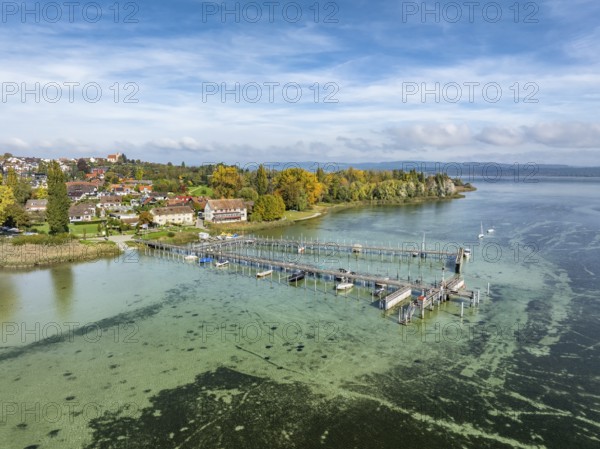 Aerial view of the Höri peninsula with the village of Horn with the boat harbour and jetty, Lake Constance, Gaienhofen, district of Constance, Baden-Württemberg, Germany