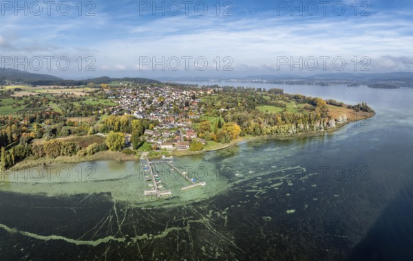 Aerial view, panorama of the Höri peninsula with the village of Horn and the boat harbour with jetty, on the horizon the town of Radolfzell on Lake Constance, Gaienhofen, district of Constance, Baden-Württemberg, Germany