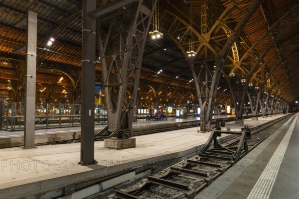 Riveted iron framework in the railway hall, railway, railway tracks, building, main station, Leipzig, Saxony, Germany
