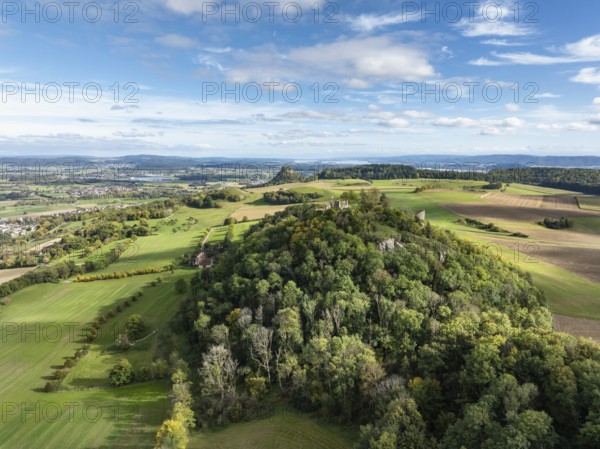 Aerial view of the Hegau volcano and the Mägdeberg castle ruins, with the Hohenkrähen and Lake Constance on the horizon, district of Constance, Baden-Württemberg, Germany