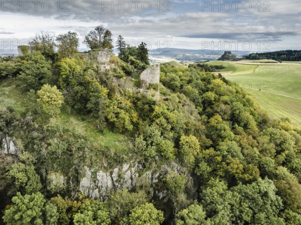 Aerial view of the Hegau volcano and the Mägdeberg castle ruins, with the Hohenkrähen on the horizon, district of Constance, Baden-Württemberg, Germany