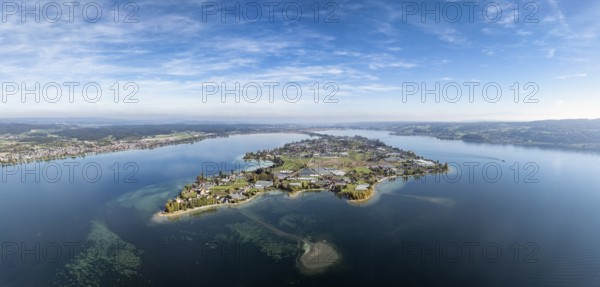 Aerial view, panorama of the island of Reichenau in Lake Constance, district of Constance, Baden-Württemberg, Germany
