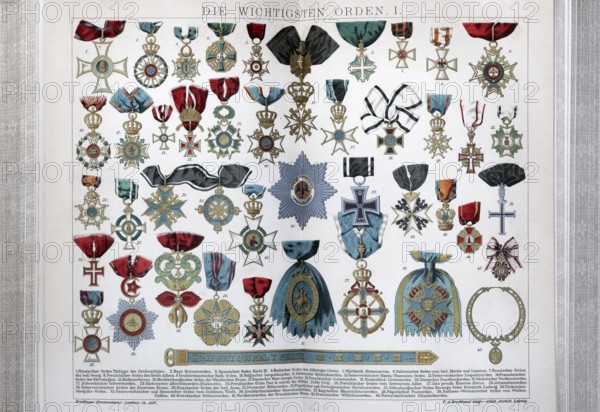 Colour plate with the most important orders in Europe in the 19th century, historical book illustration, colour lithograph