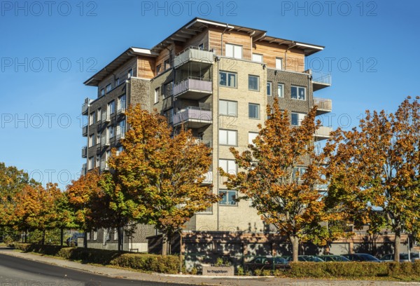 Modern apartment building at blue sky and trees in autumn colors, built in 2020 in Ystad, Skåne County, Sweden, Scandinavia