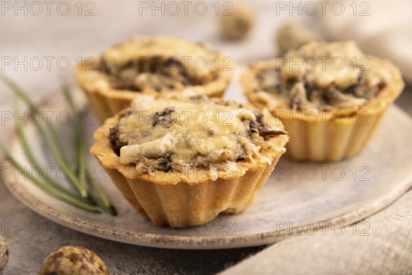 Tartlets with meat and cheese on brown concrete background and linen textile. side view, close up, selective focus