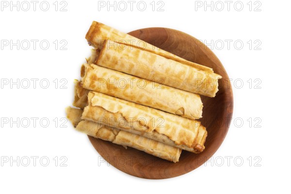 Waffles with caramel isolated on white background, top view, flat lay, close up