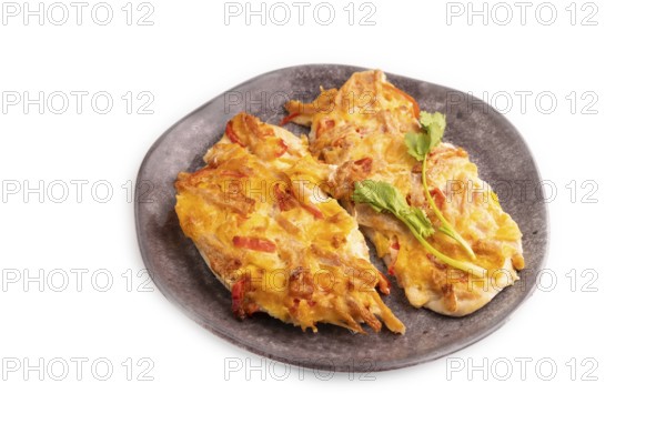 Baked chicken meat with cheese and tomatoes isolated on white background. side view, close up