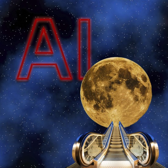 Symbolic image, escalator to the moon, universal promise of AI and AI. All-rounder for the internet and computers, Industry 4.0, data traffic, @ sign. Mail traffic, ChatGBT, OpenAI, chatbot, artificial intelligence, IT system, computer science, AI learning, IT technology, computer system, software, Microsoft, silicon brain, thinking machine, creativity, new wonder of the world, Einstein replacement, questionable intelligence, AI research, language robot, algorithm