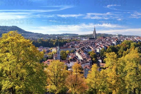 View of Bern's old town lined with colourful autumn trees, UNESCO World Heritage Site, Canton of Bern, Switzerland