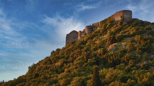 Byzantine castle from the 13th century AD, Ancient walls towering over a green, overgrown slope under a clear sky, Mystras, Mistra, UNESCO World Heritage Site, Medieval Byzantine ruined city, northwest of Sparta, foothills of the Tyagetos Mountains, Peloponnese, peninsula, Greece