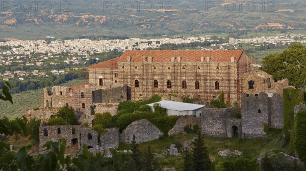 Byzantine palace towers over a modern city at the foot of a green hill, Mystras, Mistra, UNESCO World Heritage Site, Medieval Byzantine ruined city, north-west of Sparta, foothills of the Tyagetos Mountains, Peloponnese, peninsula, Greece