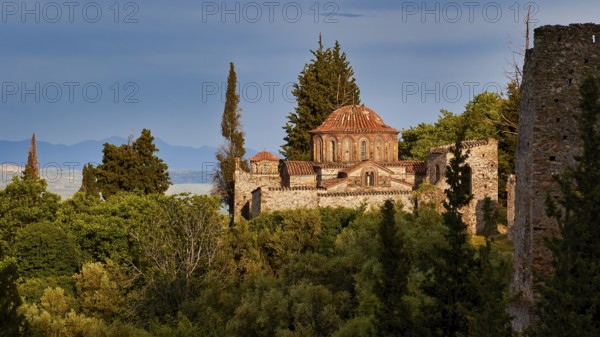 Remains of the great monastery of Brontochion, Church of Agioi Theodoroi, Historic church surrounded by trees against a clear blue sky and mountains, Mystras, Mistra, UNESCO World Heritage Site, Medieval Byzantine ruined city, north-west of Sparta, foothills of the Tyagetos Mountains, Peloponnese, peninsula, Greece