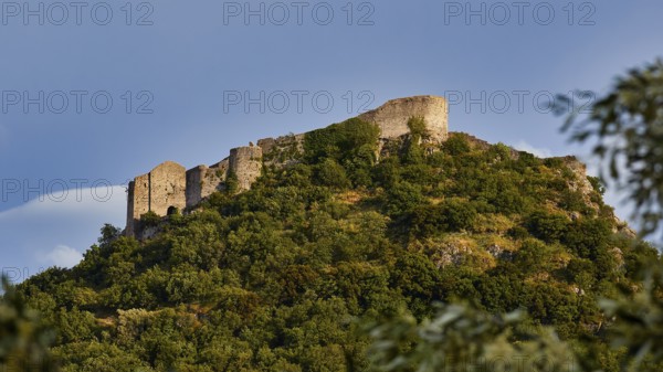 Byzantine castle of Mystras perched on a wooded hill under a blue sky, surrounded by rich vegetation, Mystras, Mistra, UNESCO World Heritage Site, Medieval Byzantine ruined city, northwest of Sparta, foothills of the Tyagetos Mountains, Peloponnese, peninsula, Greece