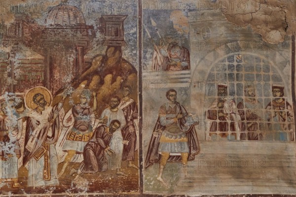 Post-Byzantine church of Agios Nikolaos from the 17th century AD, frescoes depicting ancient scenes and figures in rich detail within a building, Mystras, Mistra, UNESCO World Heritage Site, Medieval Byzantine ruined city, north-west of Sparta, foothills of the Tyagetos Mountains, Peloponnese, peninsula, Greece