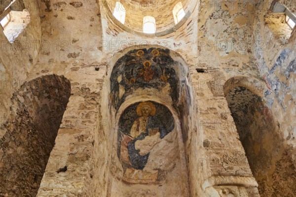 Church of Agia Sophia from the 14th century AD, interior view of a church with frescoes and flooded with light, fresco of Jesus as the giver of life, Mystras, Mistra, UNESCO World Heritage Site, medieval Byzantine ruined city, north-west of Sparta, foothills of the Tyagetos Mountains, Peloponnese, peninsula, Greece