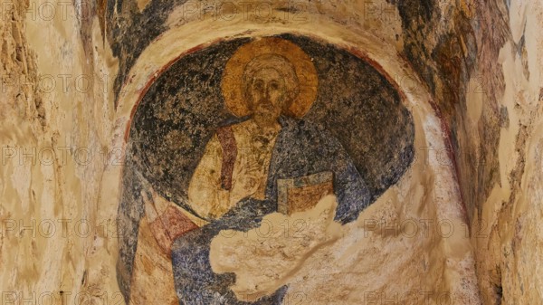 Church of Agia Sophia from the 14th century AD, fresco of Jesus as the giver of life, Mystras, Mistra, UNESCO World Heritage Site, medieval Byzantine ruined city, north-west of Sparta, foothills of the Tyagetos Mountains, Peloponnese, peninsula, Greece