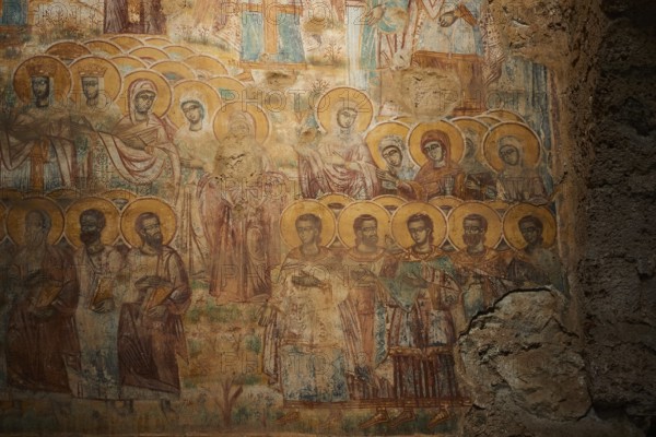Post-Byzantine church of Agios Nikolaos from the 17th century AD, detail of a fresco with gilded figures of saints on ancient walls, depiction of the Last Judgement, Mystras, Mistra, UNESCO World Heritage Site, Medieval Byzantine ruined city, northwest of Sparta, foothills of the Tyagetos Mountains, Peloponnese, peninsula, Greece