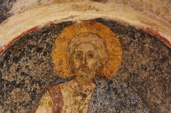 Church of Agia Sophia from the 14th century AD, detail of a fresco depicting Jesus with halo, Mystras, Mistra, UNESCO World Heritage Site, medieval Byzantine ruined city, north-west of Sparta, foothills of the Tyagetos Mountains, Peloponnese, peninsula, Greece