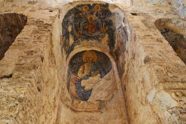 Church of Agia Sophia from the 14th century AD, Ancient frescoes on a wall depicting religious scenes, Mystras, Mistra, UNESCO World Heritage Site, Medieval Byzantine ruined city, north-west of Sparta, foothills of the Tyagetos Mountains, Peloponnese, peninsula, Greece