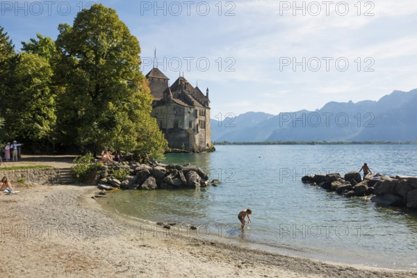 Bathing beach, Château de Chillon, Chillon Castle, near Montreux, Lake Geneva, Lac Léman, Canton Vaud, Switzerland