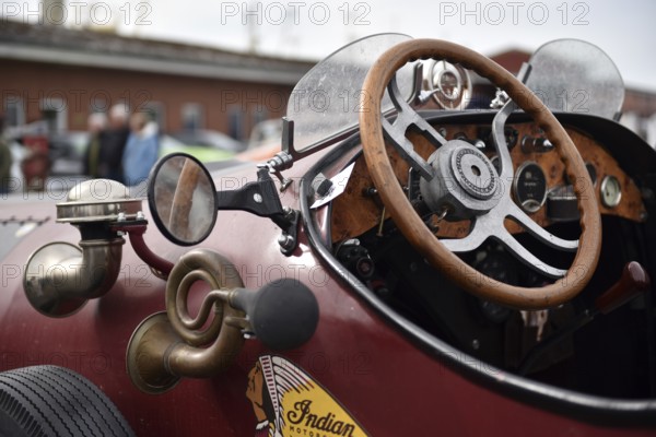 Steering wheel from a vintage racing car, at a vintage car meeting in Büsum, Schleswig-Holstein, Germany