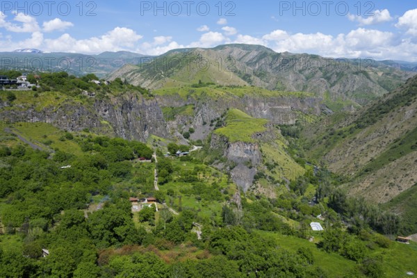 Impressive gorge landscape with lush vegetation and mountains in the background, Garni Gorge, Azat River, Kotayk Province, Armenia