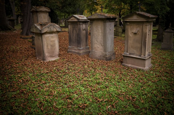 Gravestones, grave, graves, Hoppenlauf cemetery, oldest preserved cemetery in Stuttgart, autumn leaves, autumn, autumnal, Baden-Württemberg, Germany