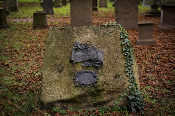 Gravestone, grave, graves, Hoppenlauf cemetery, oldest preserved cemetery in Stuttgart, autumn leaves, autumn, autumnal, Baden-Württemberg, Germany