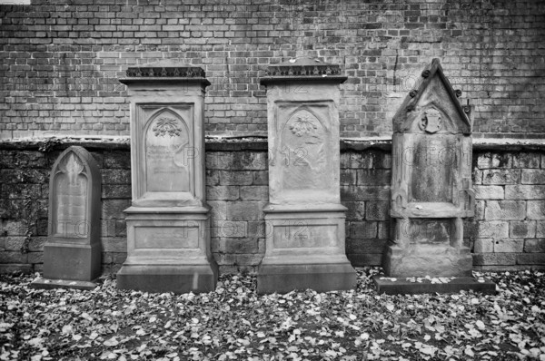 Gravestones, grave, graves, Hoppenlauf cemetery, oldest preserved cemetery in Stuttgart, autumn leaves, autumn, autumnal, black and white, Baden-Württemberg, Germany
