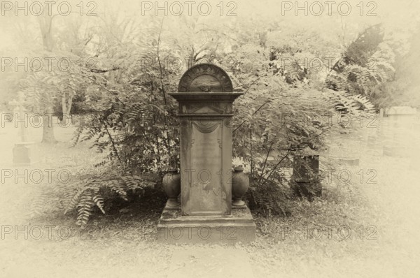 Gravestone, grave, graves, black and white, vintage, Hoppenlauf cemetery, oldest preserved cemetery in Stuttgart, Baden-Württemberg, Germany