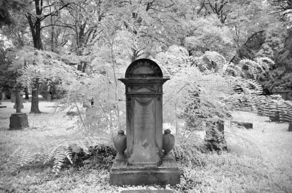 Gravestone, grave, graves, black and white, infrared image, Hoppenlauf cemetery, oldest preserved cemetery in Stuttgart, Baden-Württemberg, Germany