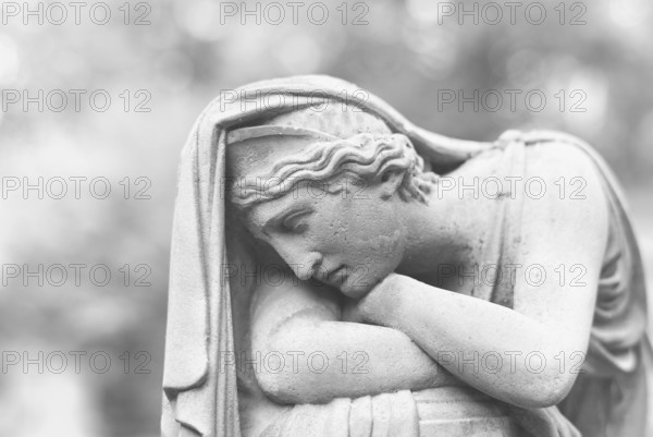 Mourning, woman on gravestone, statue, sad, graves, black and white, Hoppenlauf cemetery, oldest preserved cemetery in Stuttgart, Baden-Württemberg, Germany
