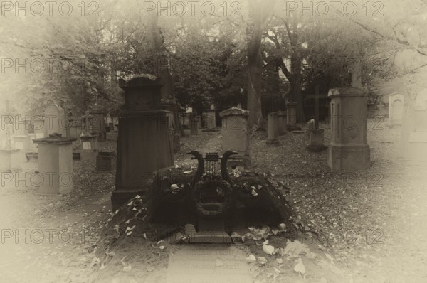 Gravestones, grave of poet and writer Wilhelm Hauff, graves, black and white, vintage, Hoppenlauf cemetery, oldest preserved cemetery in Stuttgart, autumn, autumnal, Baden-Württemberg, Germany