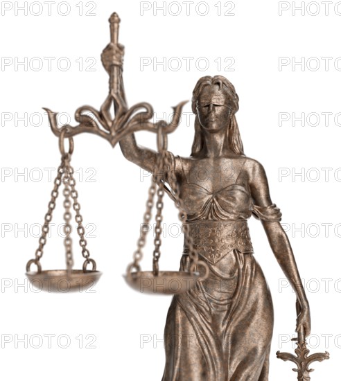 Bronze lady of justice statue isolated on a white background