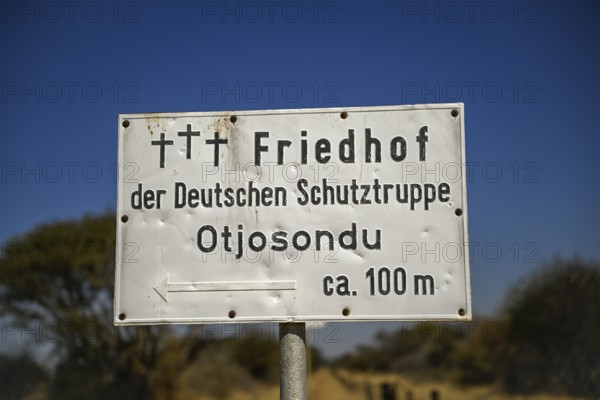 Sign at the cemetery of the German Schutztruppe, Otjosondu, Otjozondjupa region, Namibia