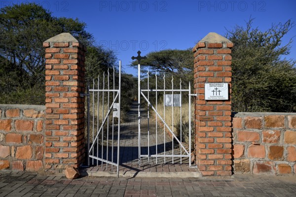 Entrance gate to the German military cemetery at Waterberg, Otjozondjupa region, Namibia