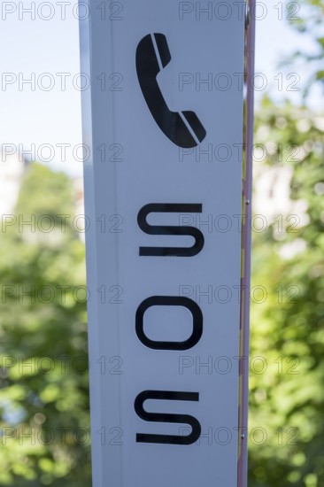 Emergency call pillar, SOS, DLRG, detail, Mülheim an der Ruhr, Rurgebiet, North Rhine-Westphalia, Germany