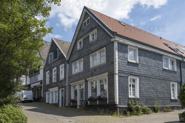 Slate-clad houses, Old Town, Kettwig, Essen, Rur region, North Rhine-Westphalia, Germany