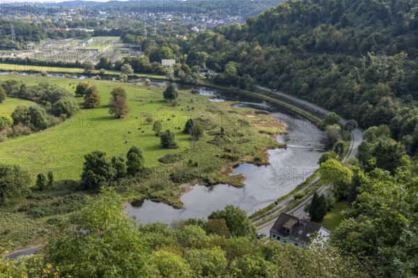 The Ruhr valley near Hattingen, Ruhr bend, groynes in the Ruhr, transformer station, North Rhine-Westphalia, Germany