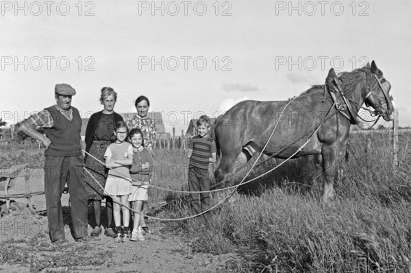French farmer family with horse in the field, historical photograph from the 1970s, black and white, Vandeé, France