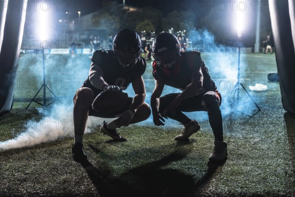 Two american football players in full gear, crouching and ready for action, emerging from a dark tunnel onto a stadium field at night with dramatic smoke and bright lights