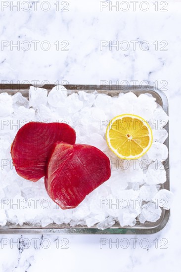 Fresh tuna and lemon, on ice ready, for preparation, at a seafood market
