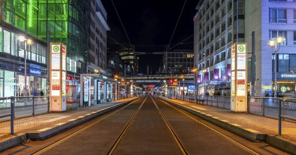 Night shot at the tram line at Friedrichstraße station, stop of lines M1 and M12, Berlin, Germany