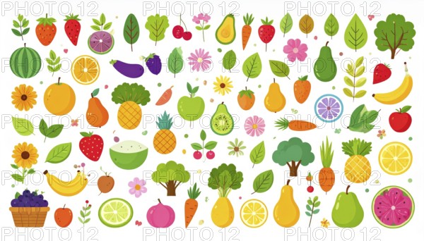 Spring and summer fruit and vegetable element set, vector illustration, AI generated