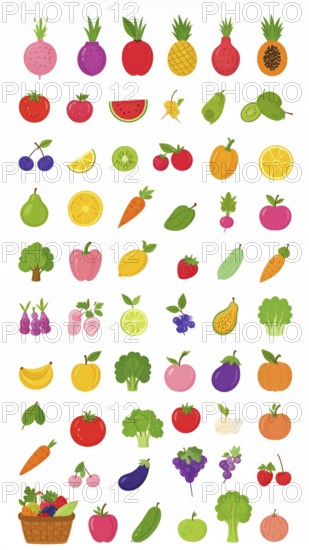 Spring and summer fruit and vegetable element set, vector illustration, AI generated
