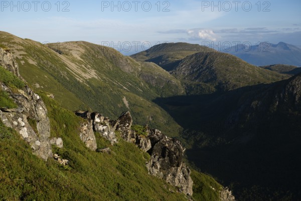 Rørsethornet hike, view over the forests and valleys of the island of Otroya or Otrøya, Møre og Romsdal, Norway