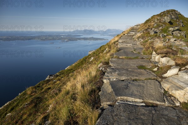 Upper section of the Rørsethornet stone staircase, with 3292 steps one of the longest continuous stone staircases in the world, Sherpatreppe or Midsundtreppe or Midsundtrappene, Rørsethornet hike, evening light, Otroya or Otrøya island, Møre og Romsdal, Norway